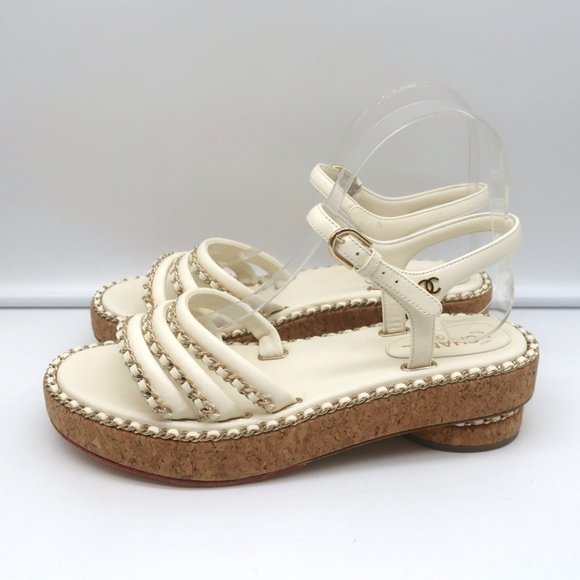 CHANEL CORK PLATFORM SANDALS CREAM CHAIN-TRIM LEATHER SIZE 37.5 CC ANKLE STRAP - Picture 6 of 12